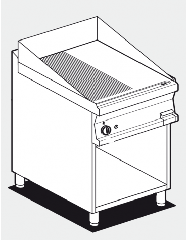 Fry top a gas su mobile a giorno10,5 kw, piastra 1/2 liscia - 1/2 rigata cromata, piastra cm 56x51  - dim. 60x70,5x90h