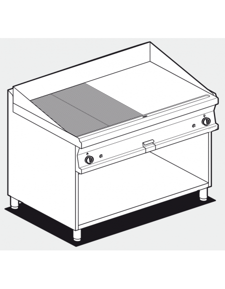 Fry top a gas su mobile a giorno 21kw, piastra 1/2 liscia, 1/2 rigata - piastra cm 116x51  - dim. 120x70,5x90h