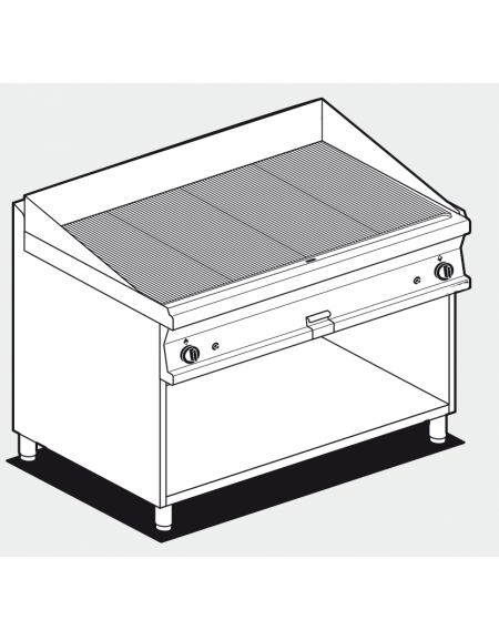 Fry top a gas su mobile a giorno 21kw, piastra doppia rigata cromata - piastra cm 116x51  - dim. 120x70,5x90h