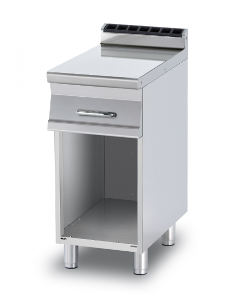 Piano di lavoro inox AISI 304 su mobile a giorno - 1 cassetto, 1 bacinella inox cm 19x50x15h - dim. tot. cm 30x70,5x90h