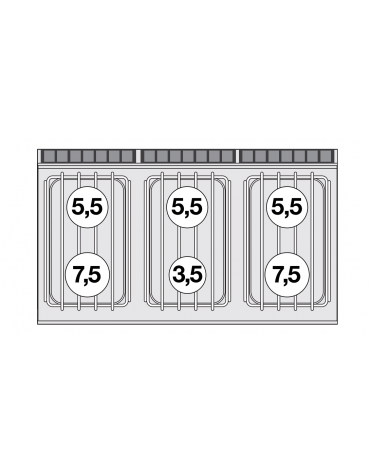 Piano di cottura in acciaio inox CrNi 18/10 AISI 304 a gas 6 fuochi - potenza gas: 35 kW - 30.100 kcal/h - cm 120x70,5x28h