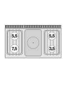 Piano di cottura a gas in acciaio inox CrNi 18/10 AISI 304, 4 fuochi + tuttopiastra cm 37x57 - cm 120x70,5x28h