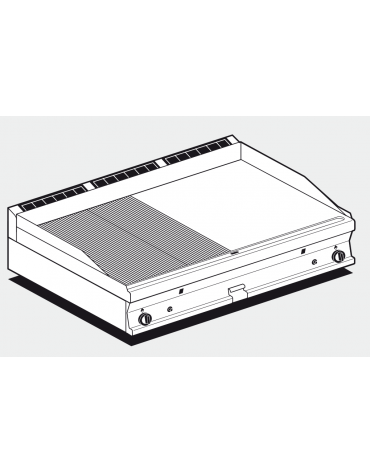 Fry top a gas da banco, 21kw, piastra 1/2 liscia, 1/2 cromata superficie di cottura cm 116x51 - cm 120x70,5x28h