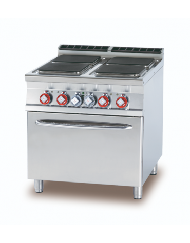 Cucina elettrica trifase-21,32kw, 4 piastre quadre su forno elettrico ventilato, camera cm 55x36x34h - cm 80x 90x 90h